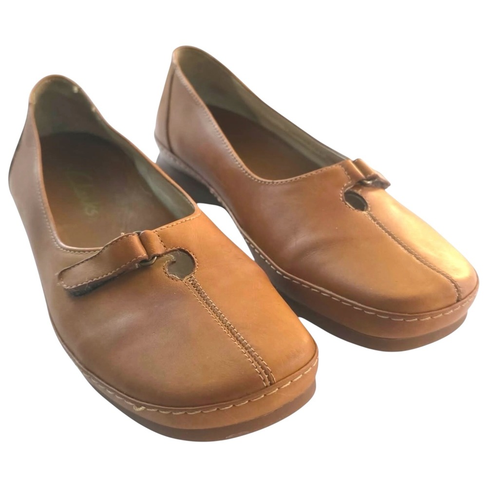 Clarks Womens Tan Leather Loafers Size 6.5M 33160-07 Brazil Wedge Slip On